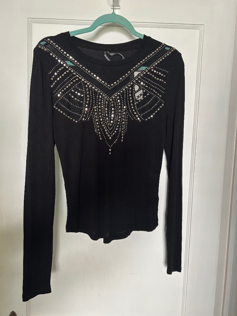 Anthropologie Black Beaded Appliqué Long Sleeve NWT Top M